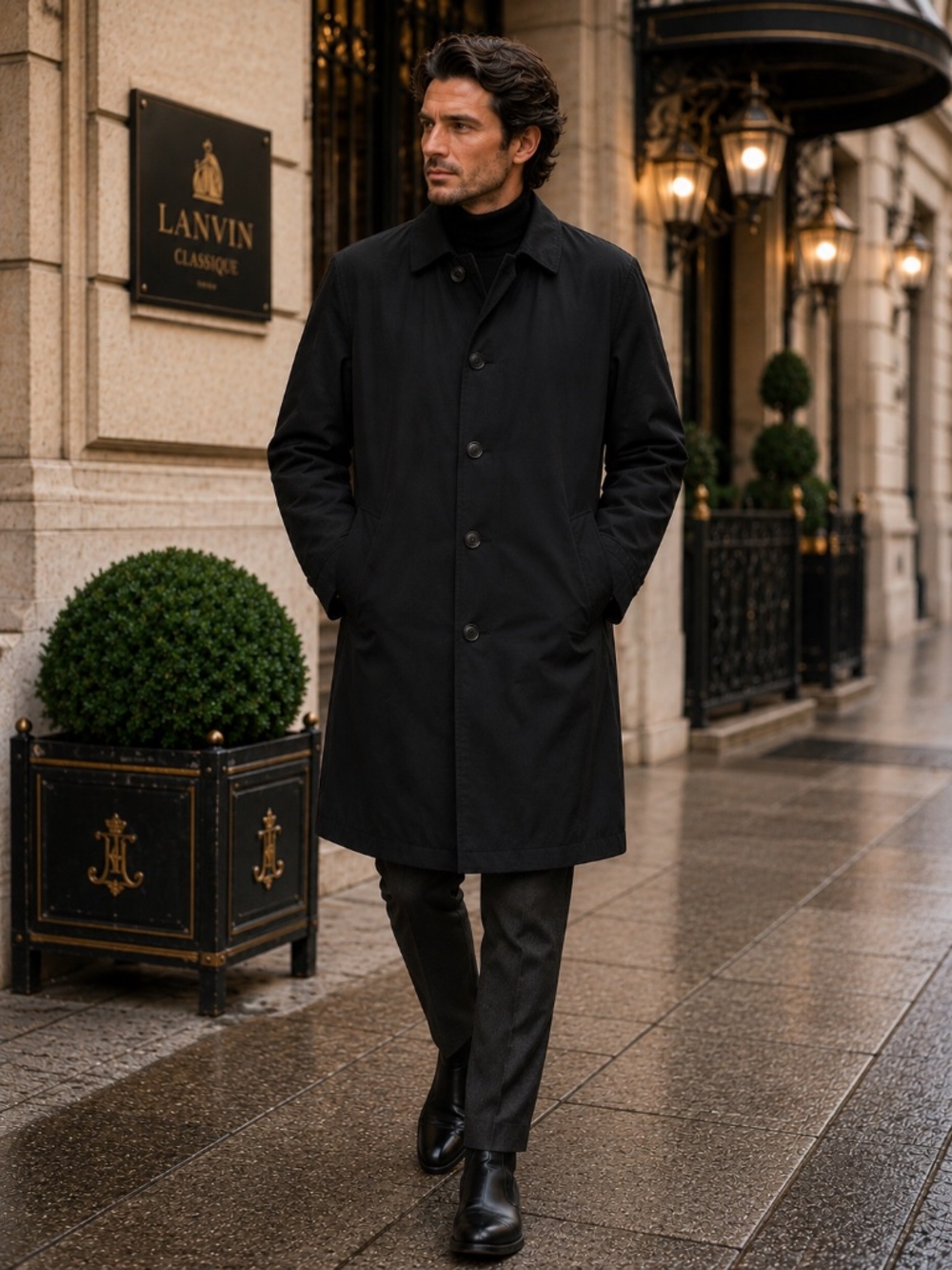 Lanvin Classique Black Overcoat Removable Down Liner 46 L Japan